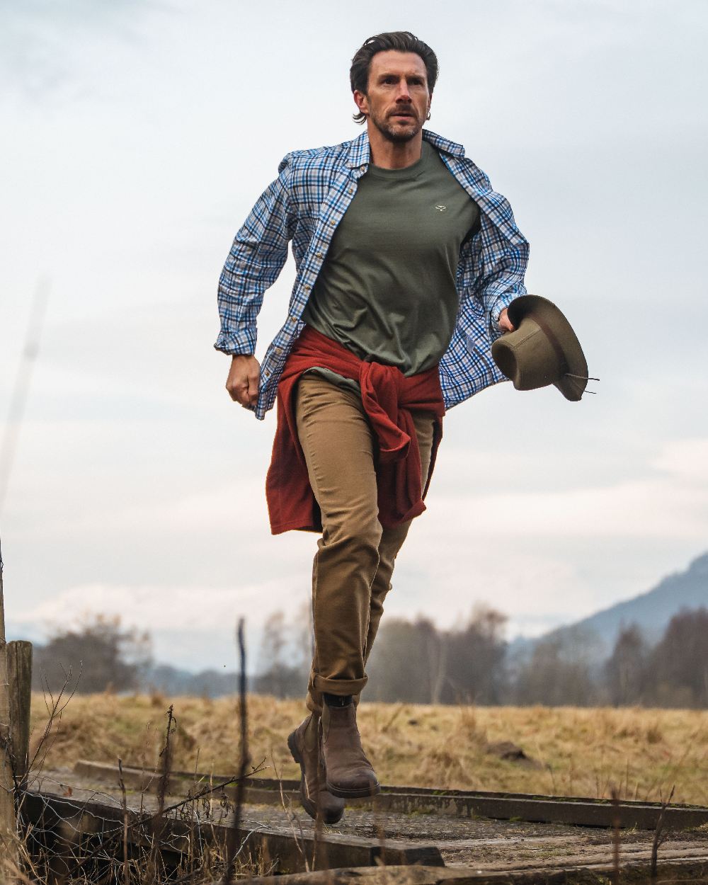 Blue Gold Check Coloured Hoggs of Fife Garvock Cotton Twill Herringbone Check Shirt on farm background