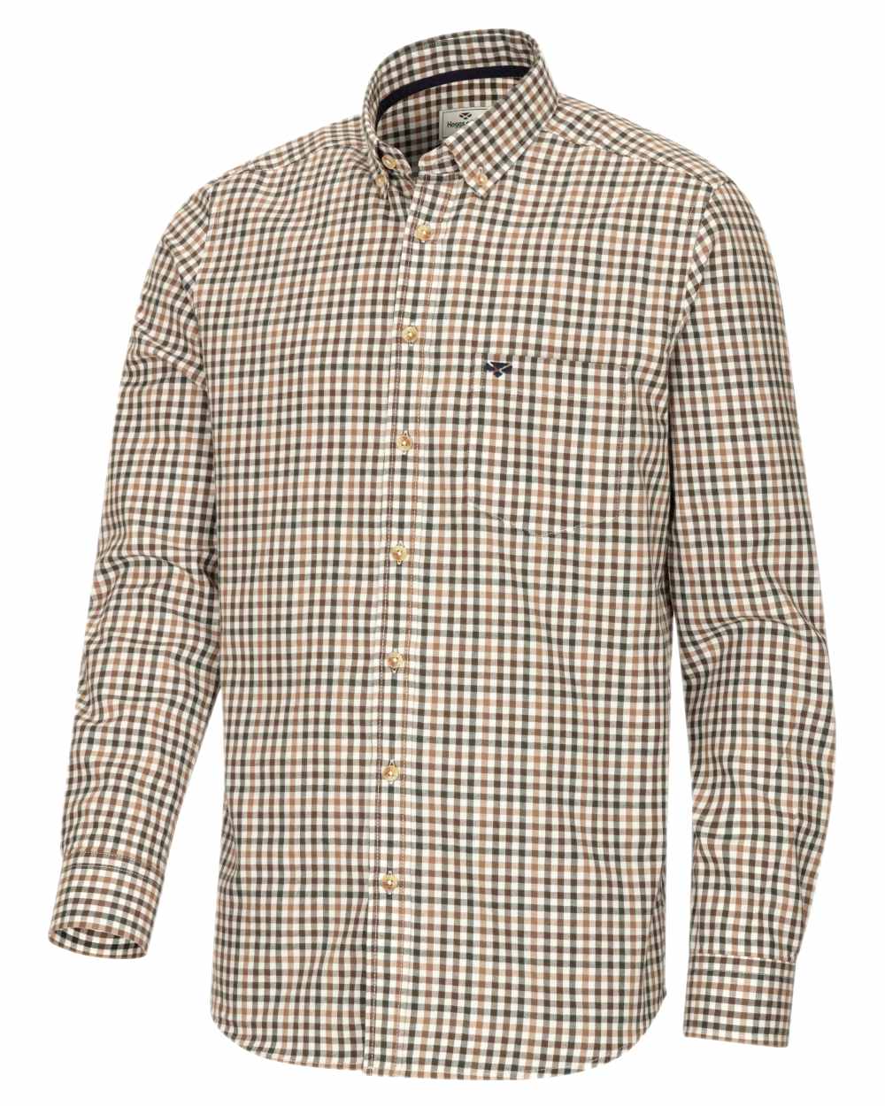 Brown Green Coloured Hoggs of Fife Garvock Cotton Twill Herringbone Check Shirt on white background