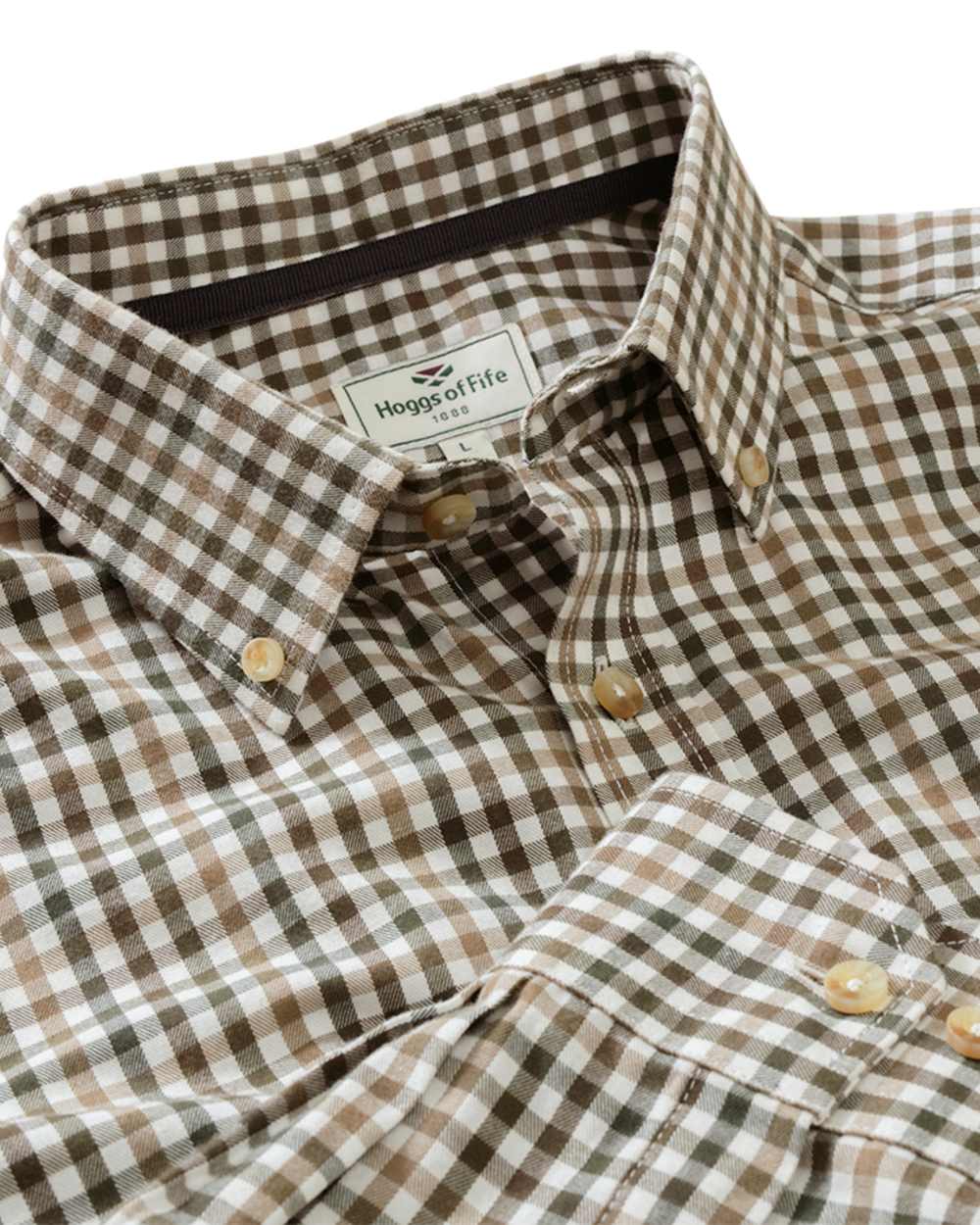 Brown Green Coloured Hoggs of Fife Garvock Cotton Twill Herringbone Check Shirt on white background