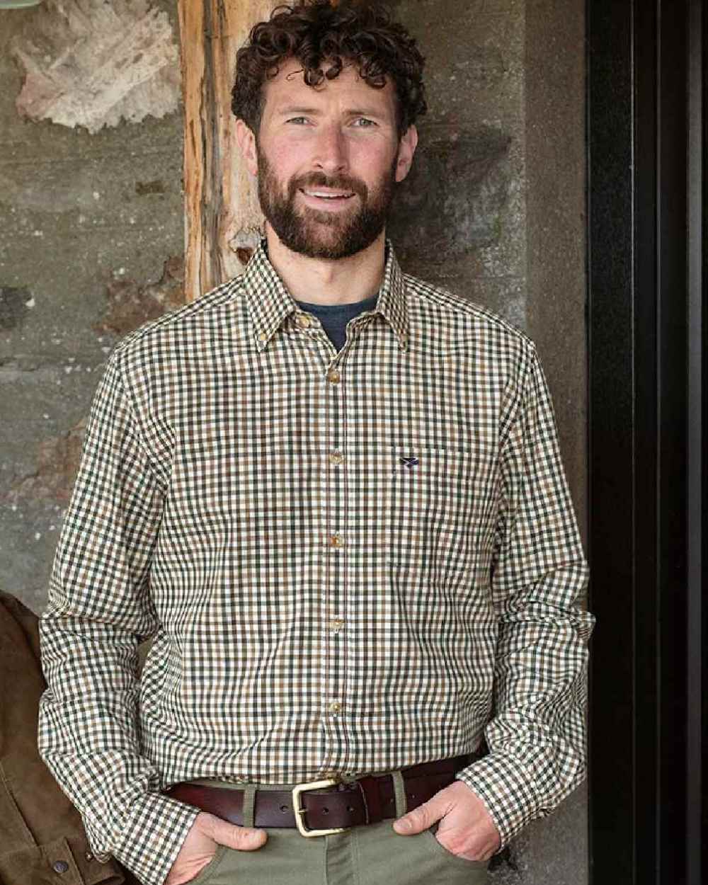 Brown Green Coloured Hoggs of Fife Garvock Cotton Twill Herringbone Check Shirt on wall background