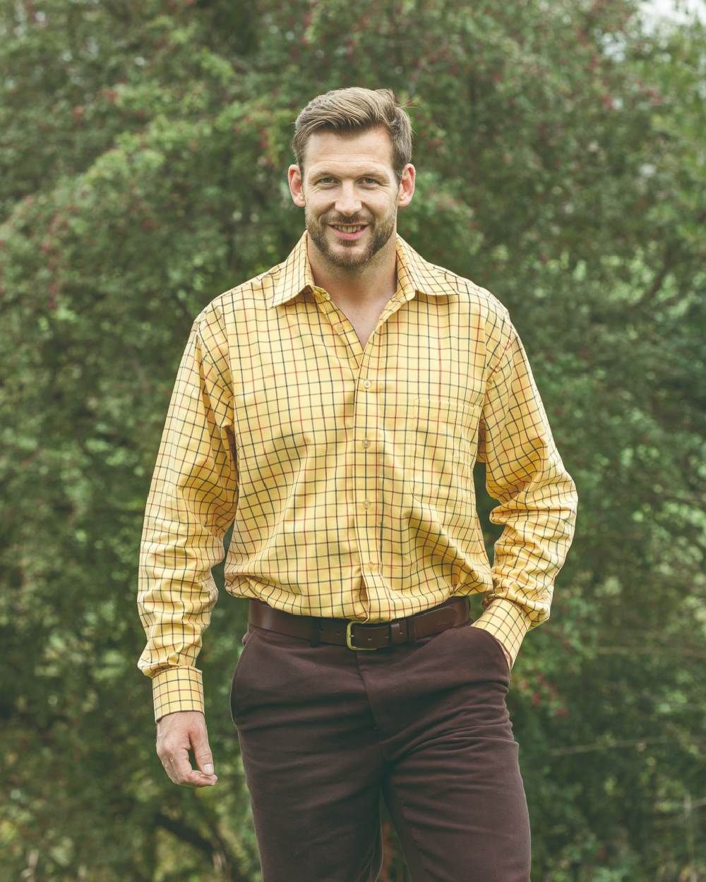 Gold Tattersall Coloured Hoggs of Fife Governor Tattersall Shirt on tree background