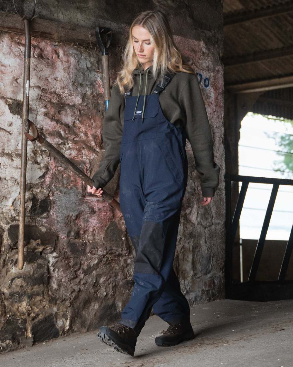 Navy Coloured Hoggs of Fife Green King II Waterproof Bib & Brace on farm background