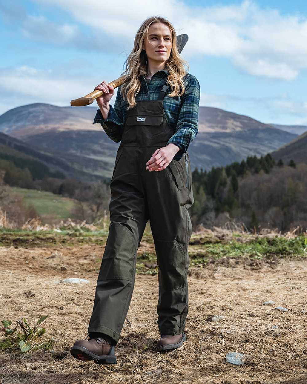 Green Coloured Hoggs of Fife Green King II Waterproof Bib & Brace on mountain background