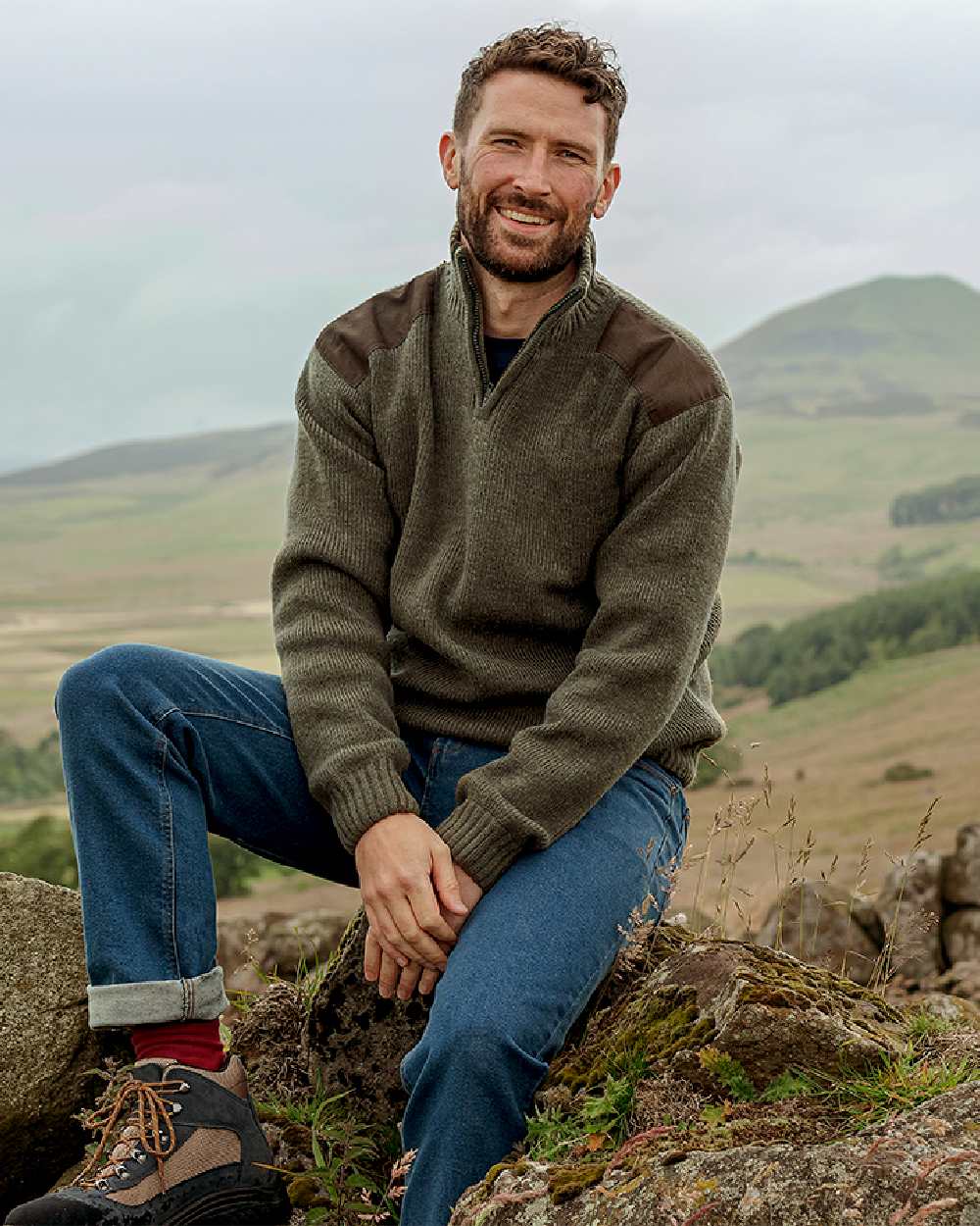 Meadow Green Coloured Hoggs of Fife Hebrides II Quarter Zip Windproof Pullover on mountain background