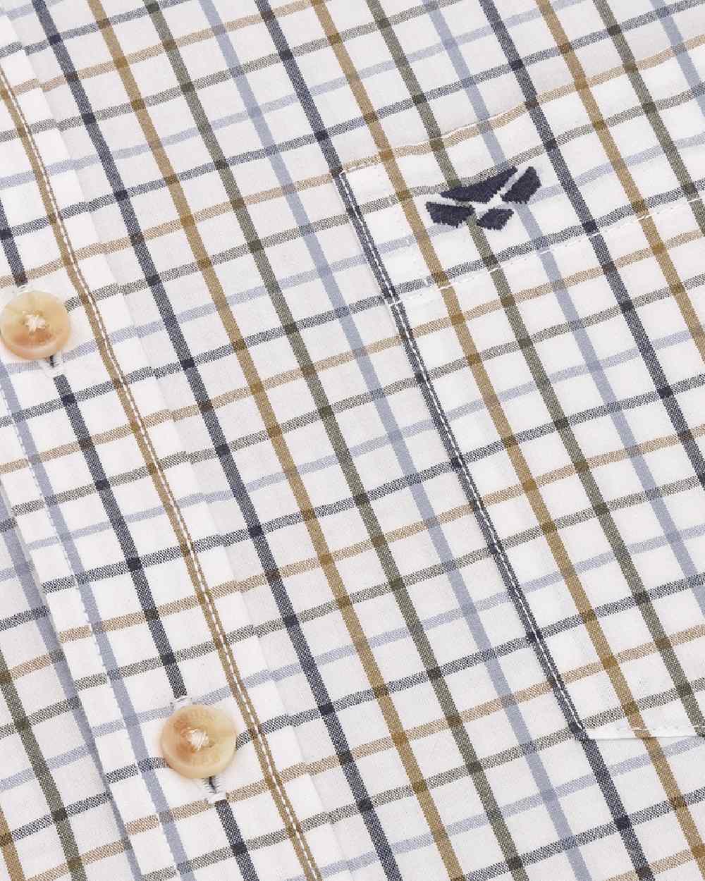 Navy Blue Brown White Coloured Hoggs of Fife Inverness Pure Cotton Tattersall Shirt on white background