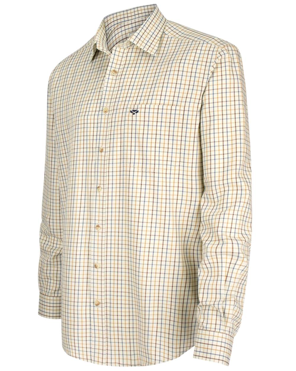 Brown Gold Navy Coloured Hoggs of Fife Inverness Pure Cotton Tattersall Shirt on white background