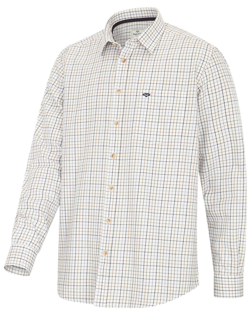 Navy Blue Brown White Coloured Hoggs of Fife Inverness Pure Cotton Tattersall Shirt on white background
