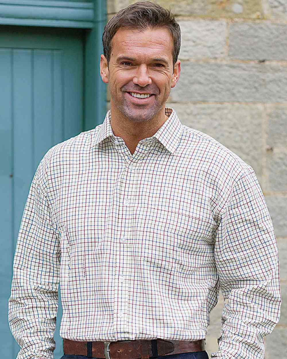 Wine Blue Green Coloured Hoggs of Fife Inverness Pure Cotton Tattersall Shirt on door background