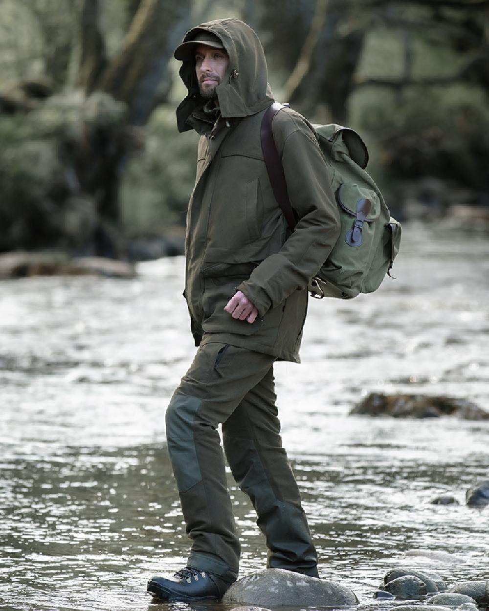 Olive Green Coloured Hoggs of Fife Kincraig Waterproof Field Jacket on river background