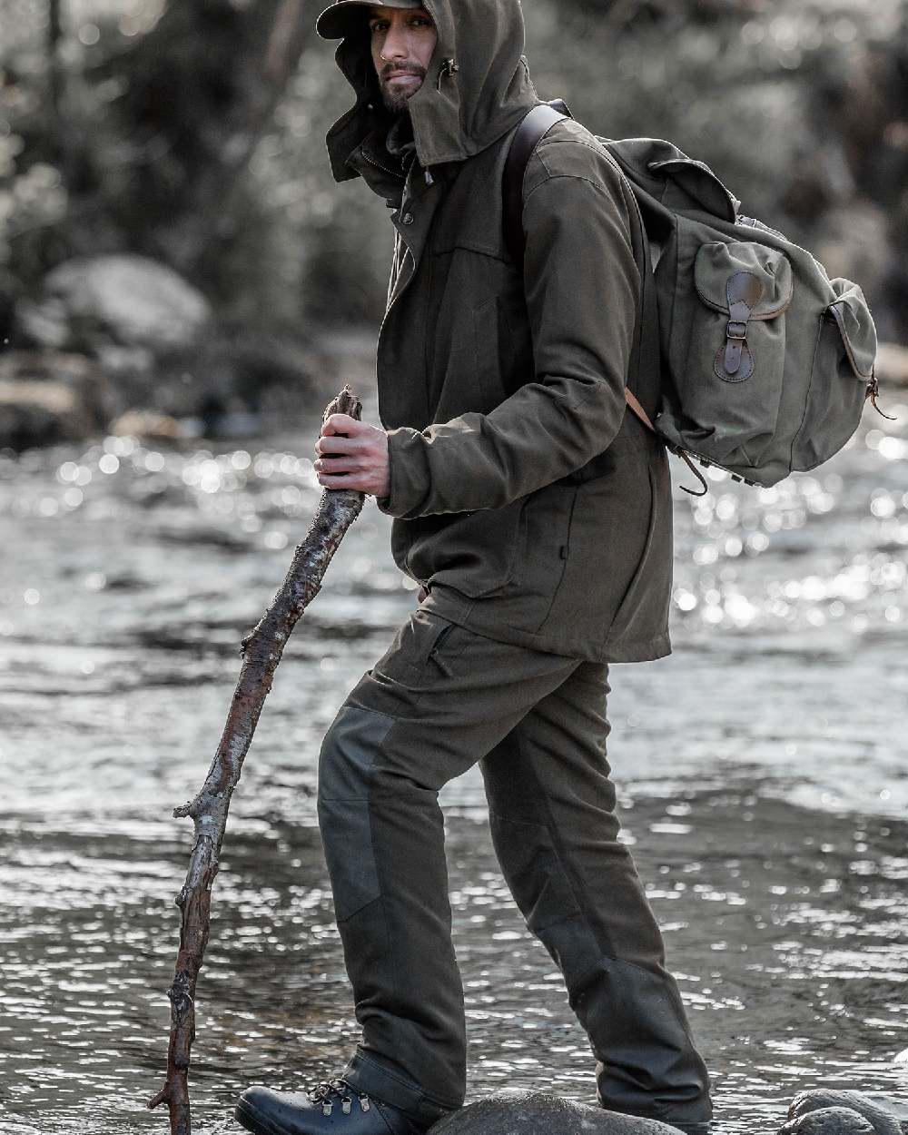 Olive Green Coloured Hoggs of Fife Kincraig Waterproof Field Trousers on river background