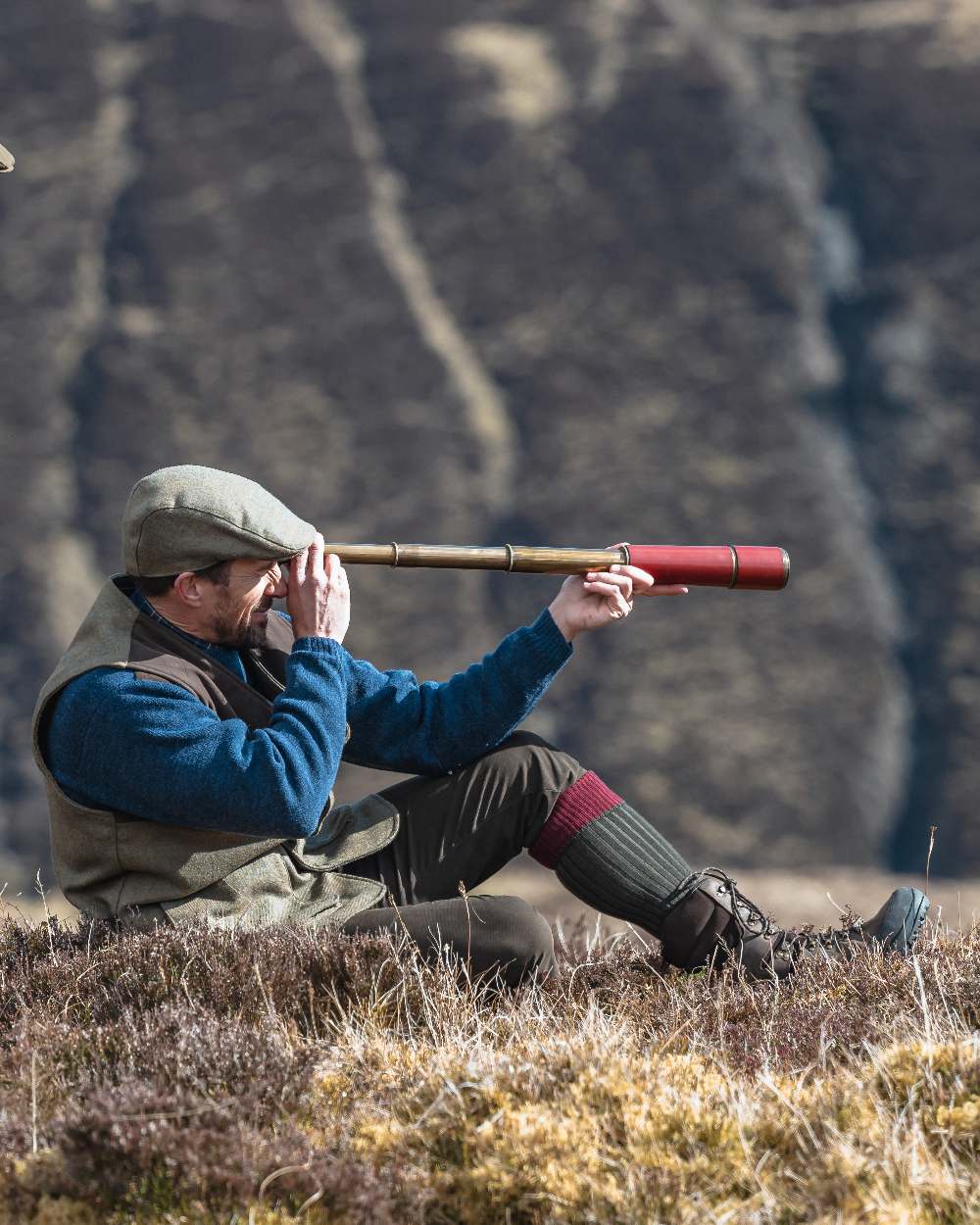 Autumn Bracken Coloured Hoggs of Fife Kinloch Technical Tweed Field Waistcoat on outdoor background