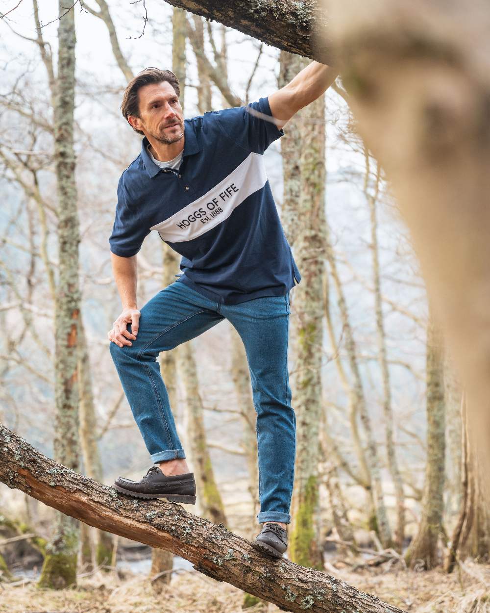 Chestnut Coloured Hoggs of Fife Kintyre Rugged Moccasin Boat Shoes on forest background