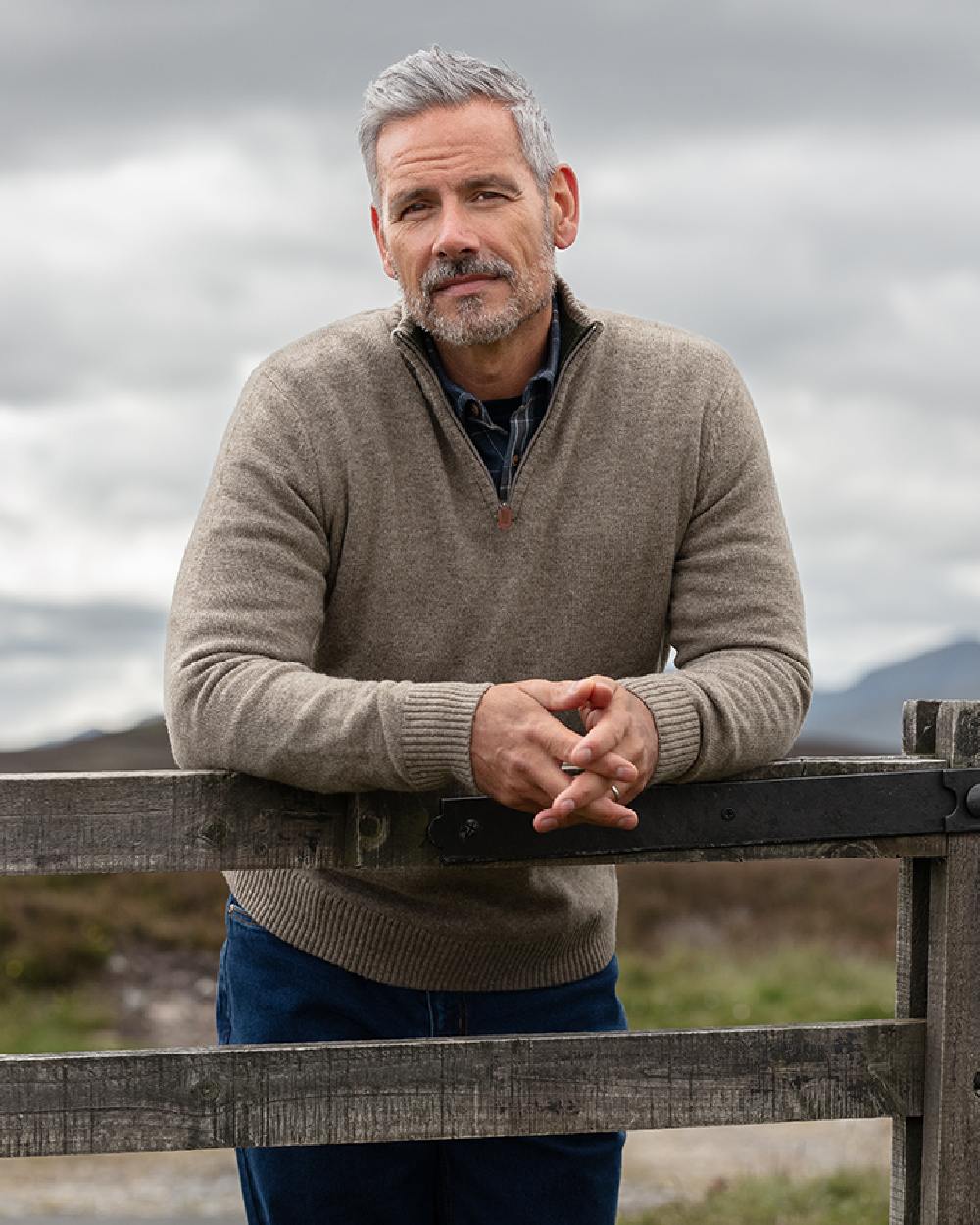Oatmeal Marl Coloured Hoggs of Fife Lothian II Quarter Zip Pullover on sky background