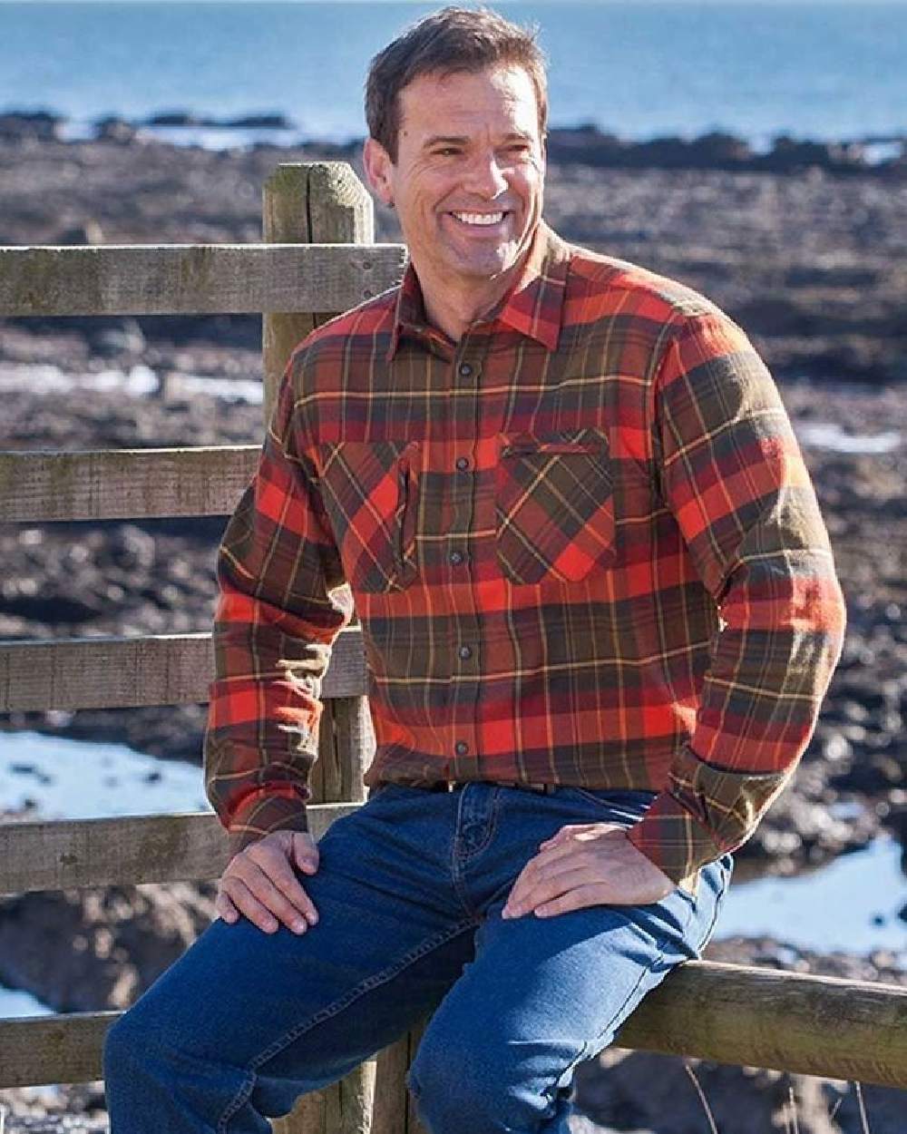 Autumn Green Orange Coloured Hoggs of Fife Luxury Cotton Hunting Shirt on coastal background