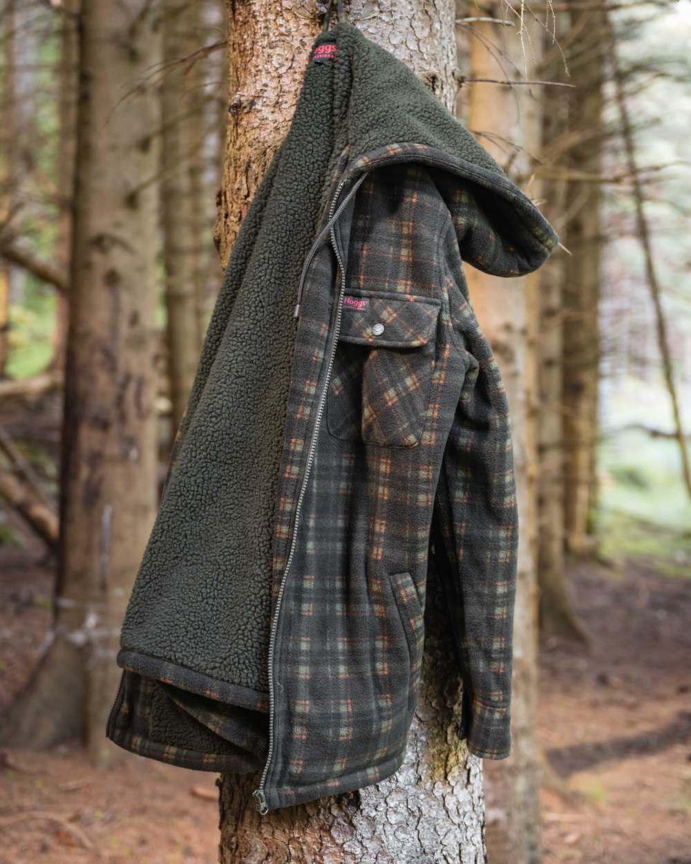 Green Coloured Hoggs of Fife Mens Caithness Hooded Fleece Shacket on outdoor background