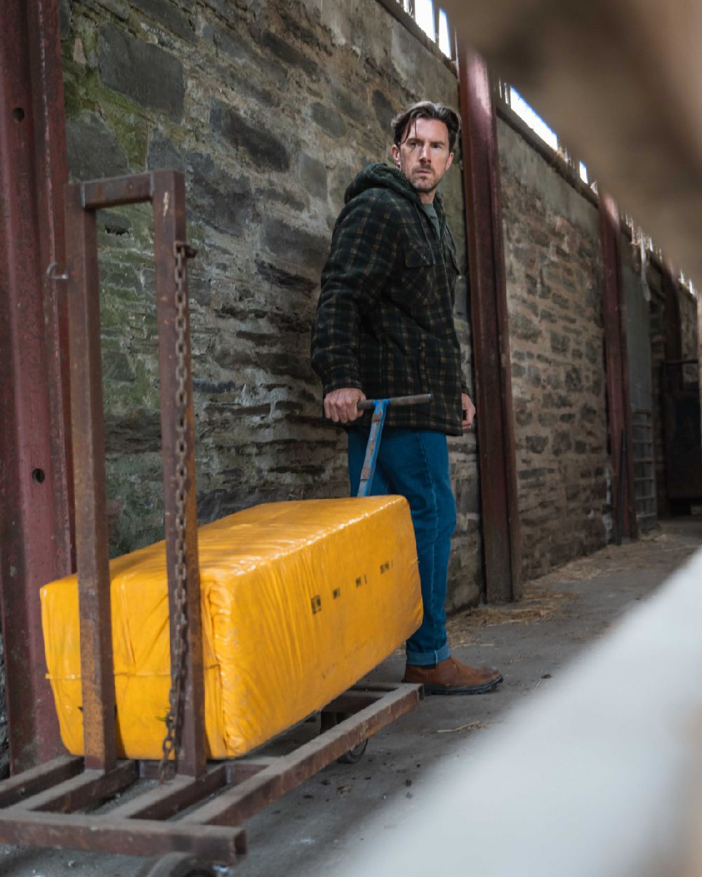 Green Coloured Hoggs of Fife Mens Caithness Hooded Fleece Shacket on outdoor background