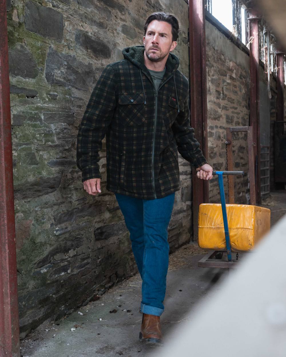 Green Coloured Hoggs of Fife Mens Caithness Hooded Fleece Shacket on outdoor background