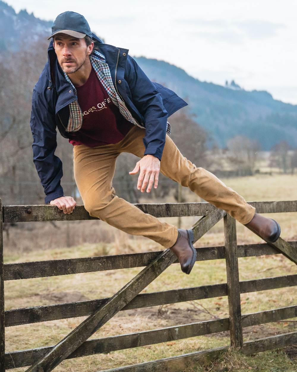 Burgundy Coloured Hoggs of Fife Mens Canonbie Printed T-Shirt on mountain background