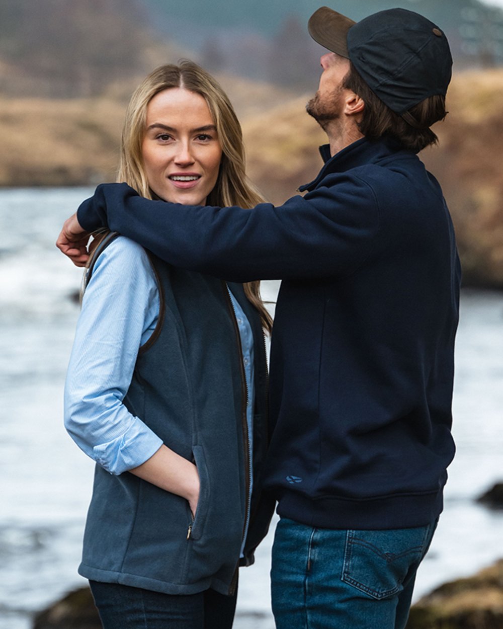 Navy Coloured Hoggs of Fife Mens Galloway 1888 Plain Quarter Zip Sweatshirt on mountain background