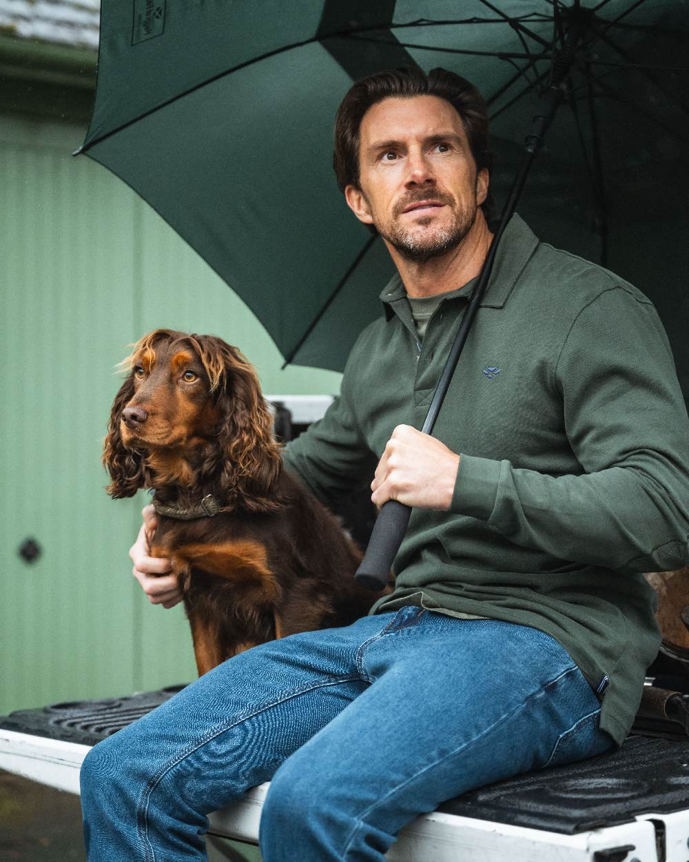 Forest Coloured Hoggs of Fife Mens Moffat Long Sleeve Rugby Shirt on outdoor background