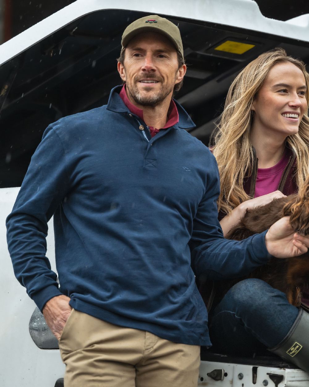 Navy Coloured Hoggs of Fife Mens Moffat Long Sleeve Rugby Shirt on outdoor background