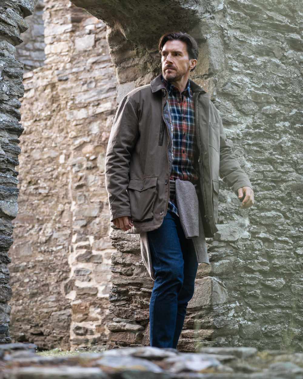 Green Rust Check Coloured Hoggs of Fife Mens Pitcairn Flannel Check Shirt on outdoor background