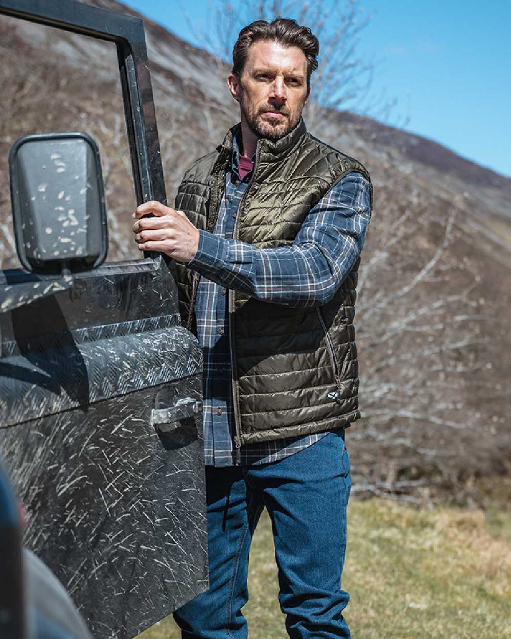 Blue Brown White coloured Hoggs of Fife Pitlessie Button Down Flannel Shirt on outdoor background
