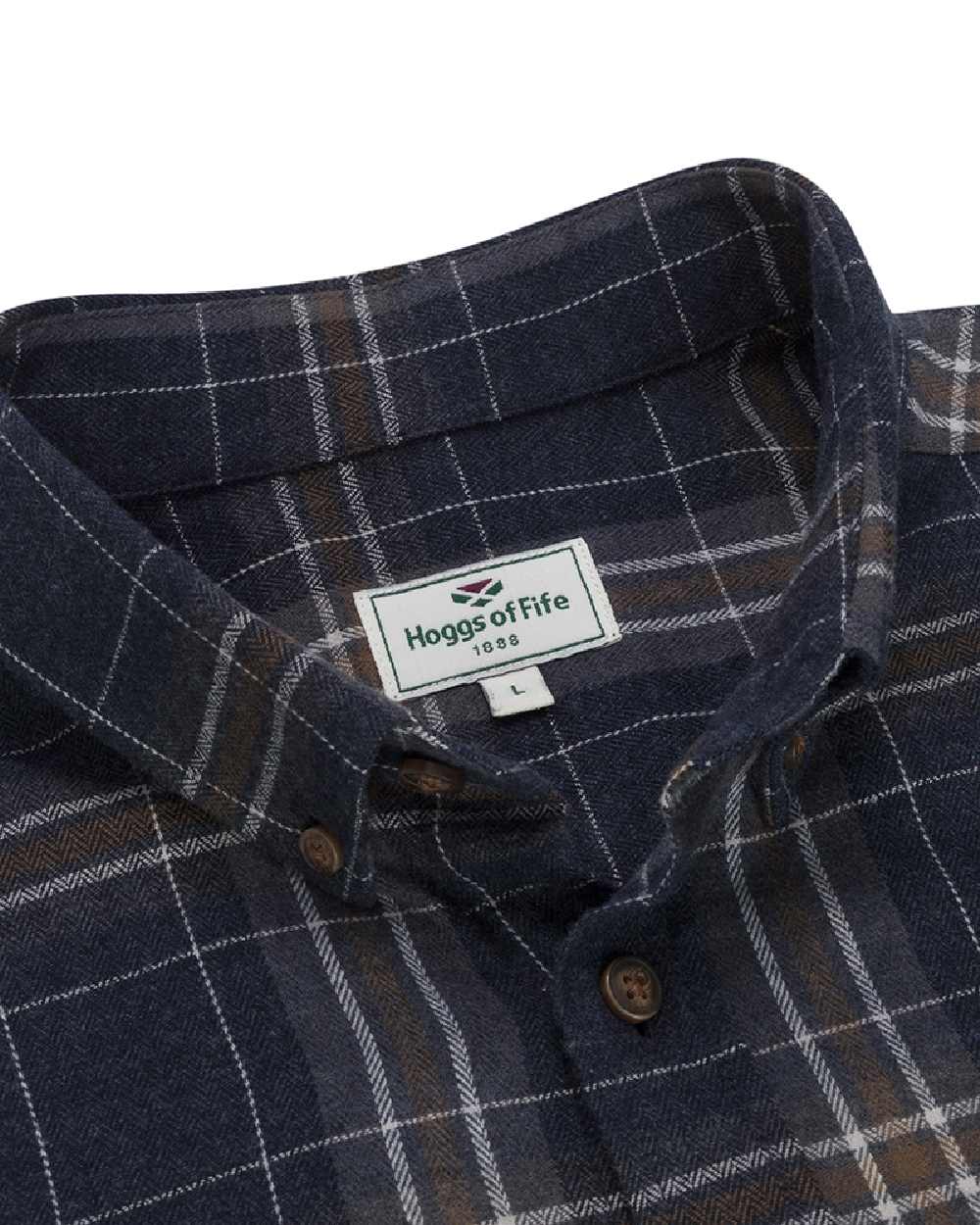 Blue Brown White coloured Hoggs of Fife Pitlessie Button Down Flannel Shirt on white background