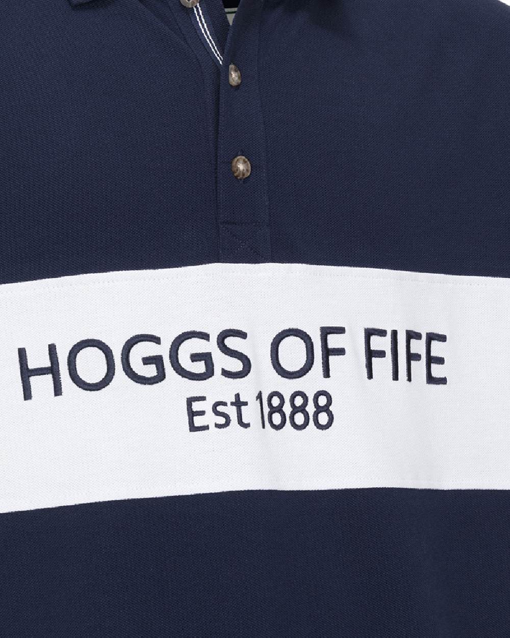 Navy Coloured Hoggs of Fife Mens Stewart Block Pique Polo Shirt on white background