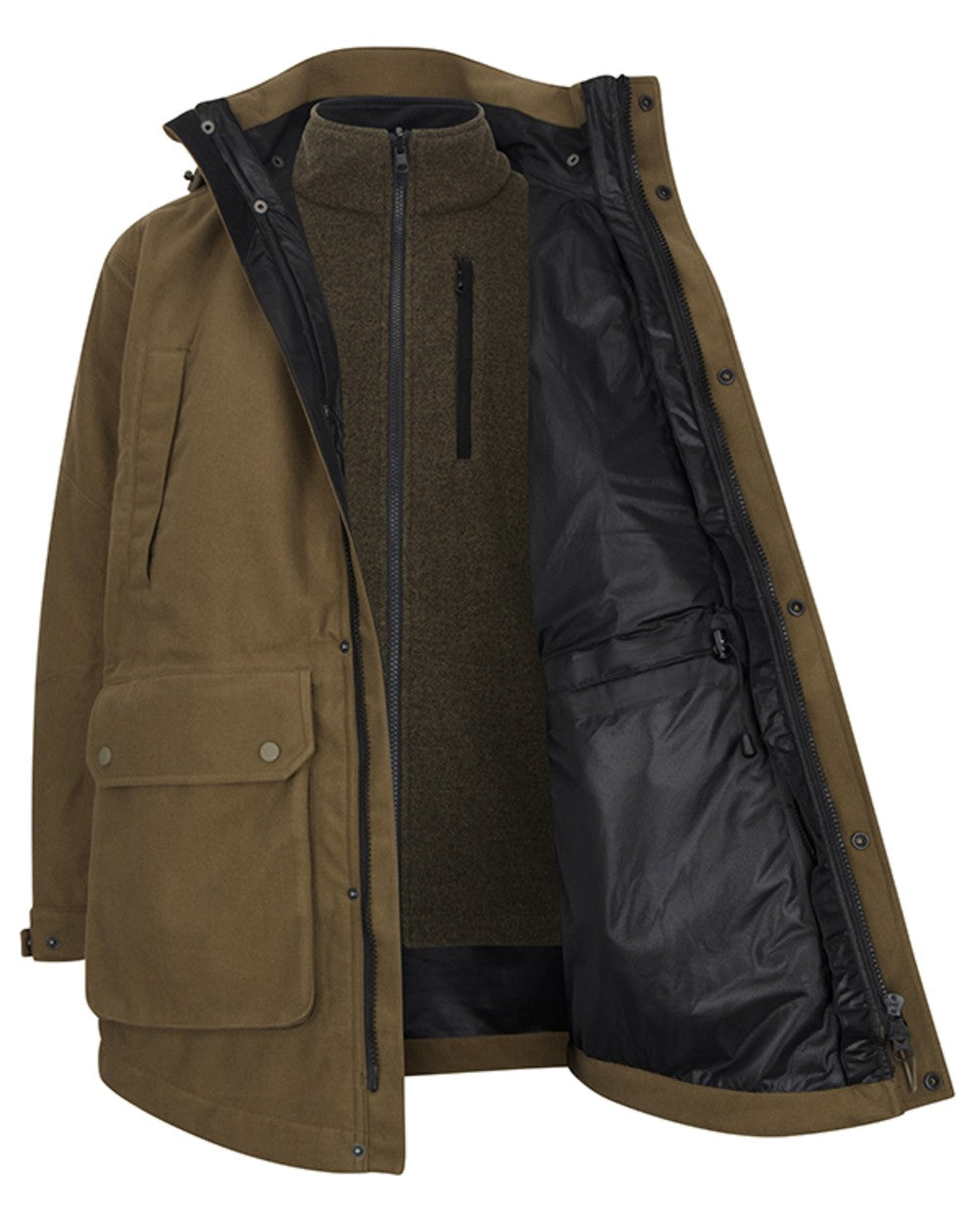 Olive coloured Hoggs of Fife Mens Torness Trilaminate 3-In-1 Jacket on white background