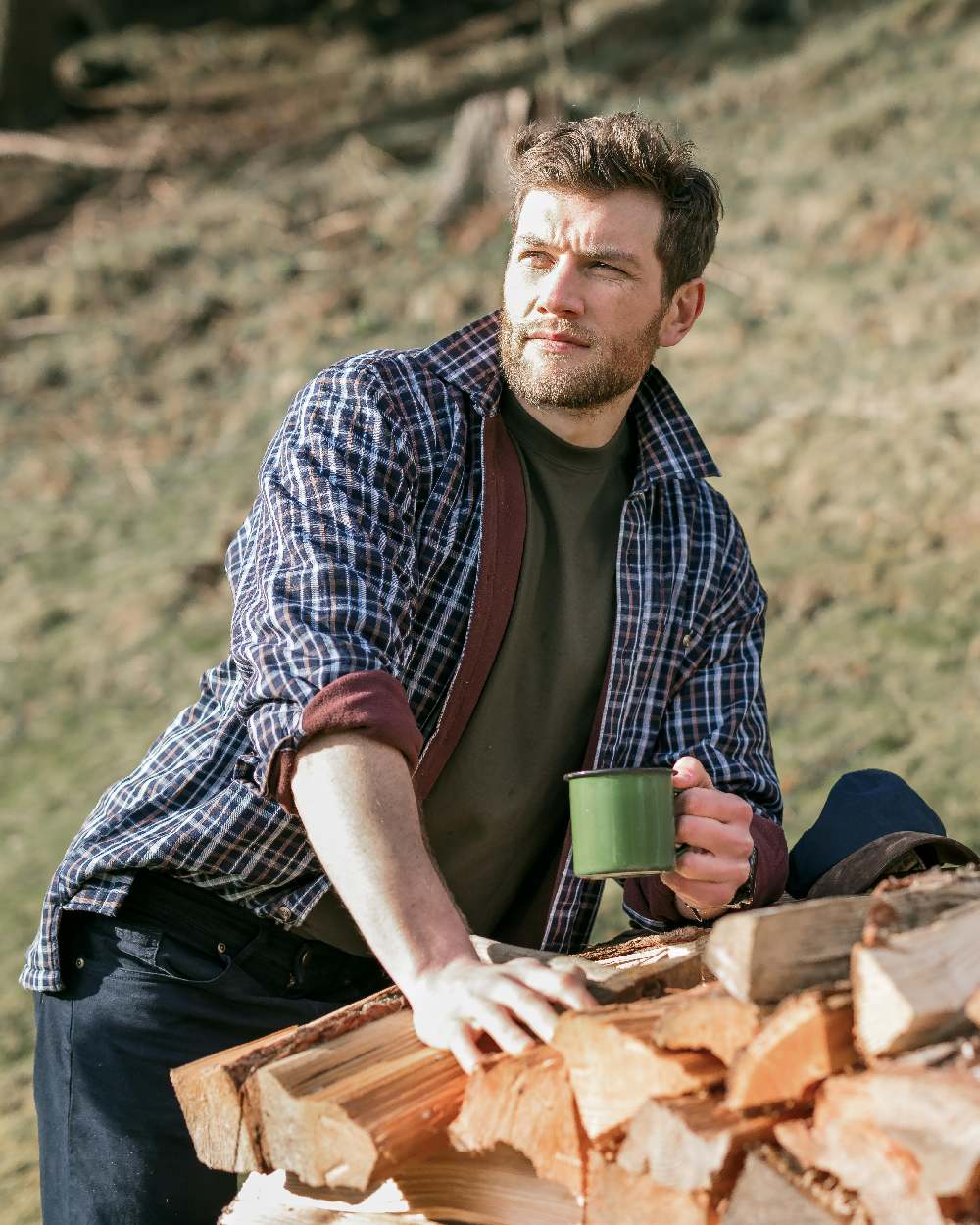 Bark Navy Brown Check Coloured Hoggs of Fife Micro Fleece Lined Shirt on forest background