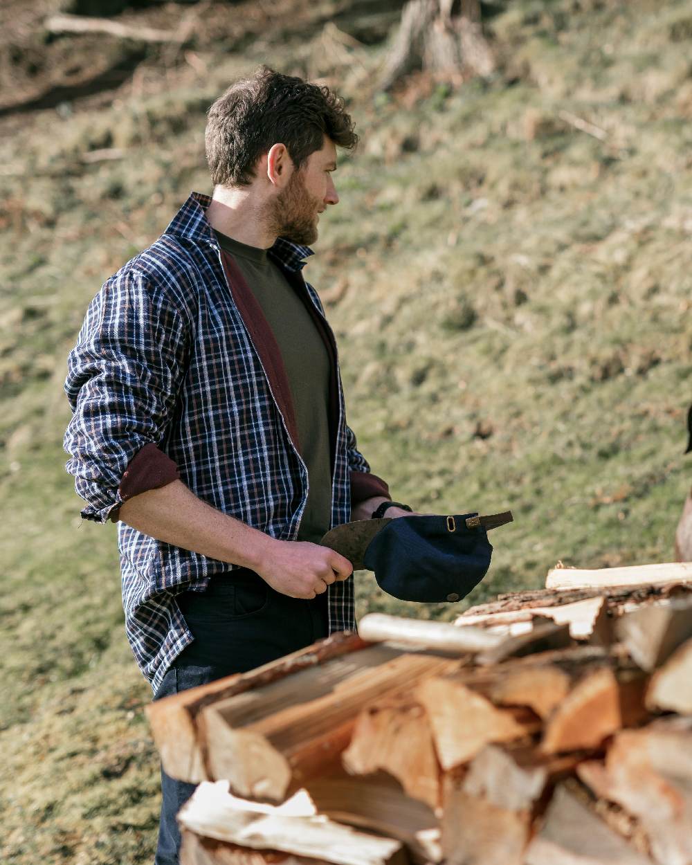 Bark Navy Brown Check Coloured Hoggs of Fife Micro Fleece Lined Shirt on forest background