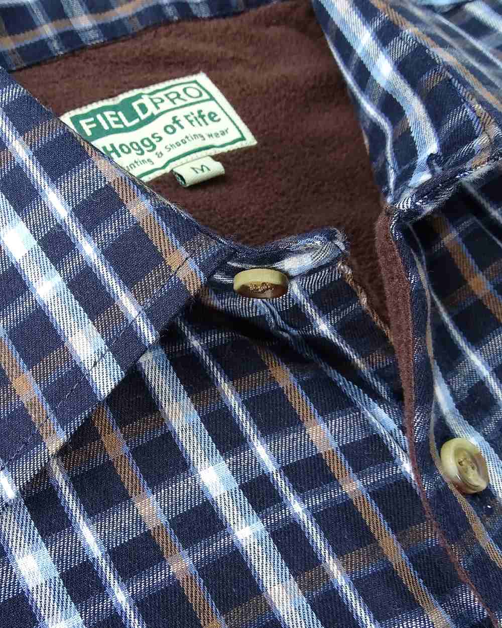 Bark Navy Brown Check Coloured Hoggs of Fife Micro Fleece Lined Shirt on white background
