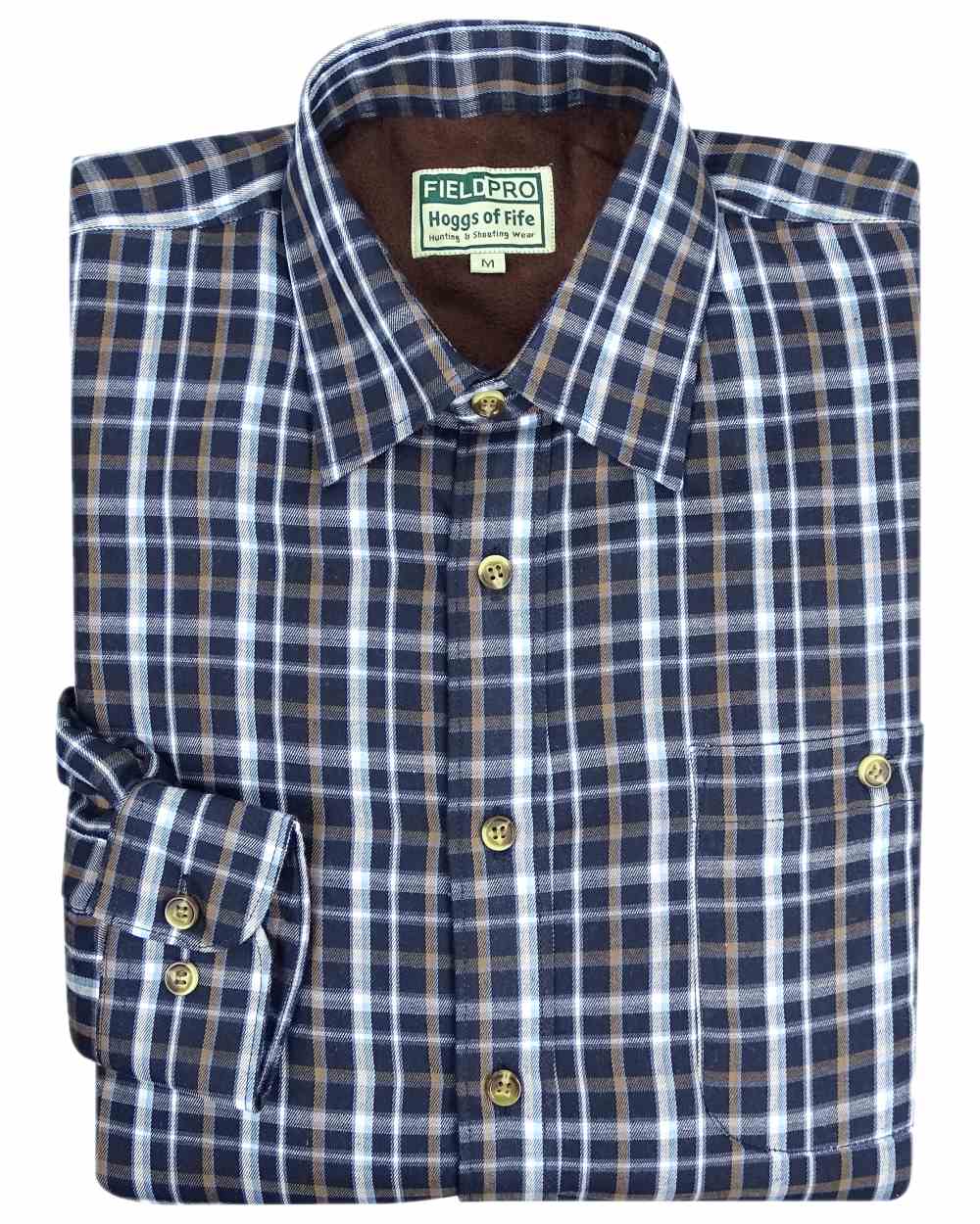 Bark Navy Brown Check Coloured Hoggs of Fife Micro Fleece Lined Shirt on white background