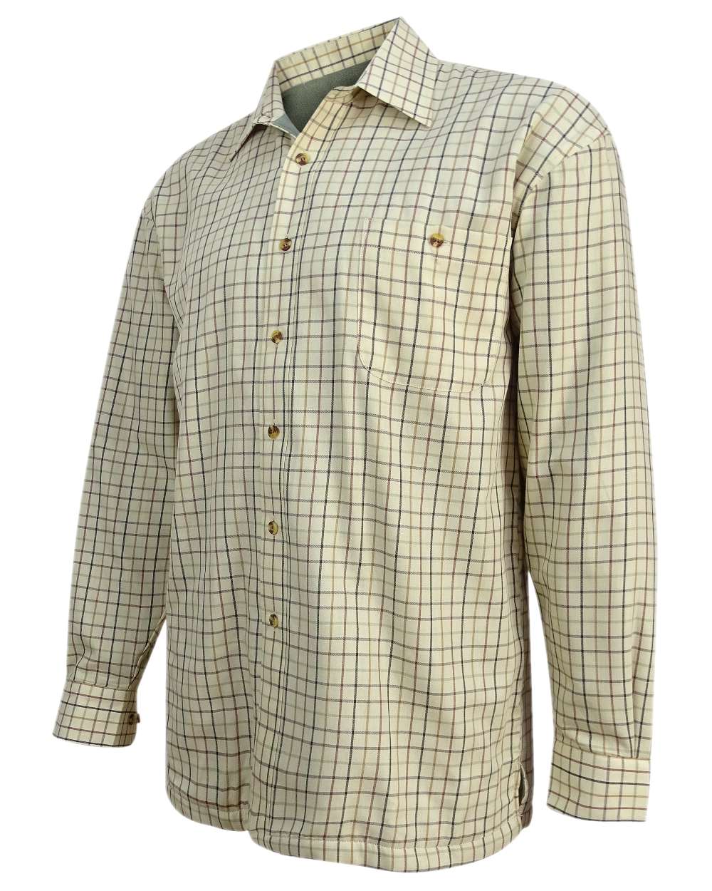 Birch Olive Tan Tattersall Coloured Hoggs of Fife Micro Fleece Lined Shirt on white background