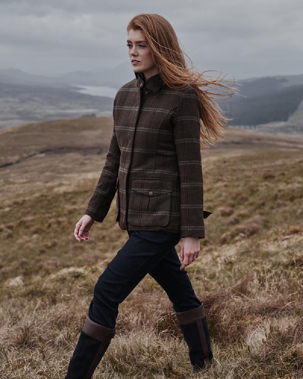 Bracken Tweed Coloured Hoggs of Fife Musselburgh Tweed Field Coat on mountain background