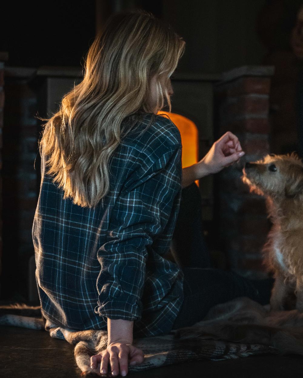 Blue Brown White coloured Hoggs of Fife Pitlessie Button Down Flannel Shirt on indoor background