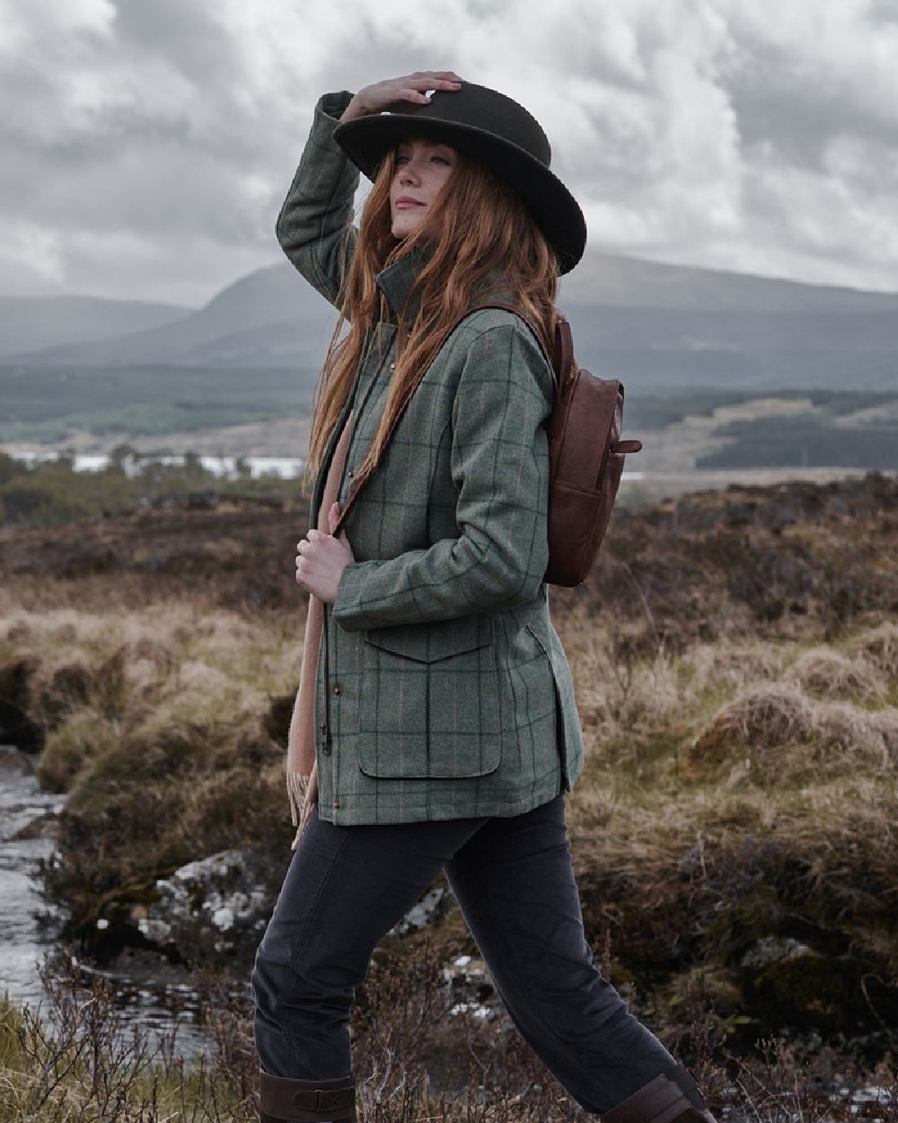 Spring Bracken Coloured Hoggs of Fife Roslin Ladies Technical Tweed Field Coat on countryside background