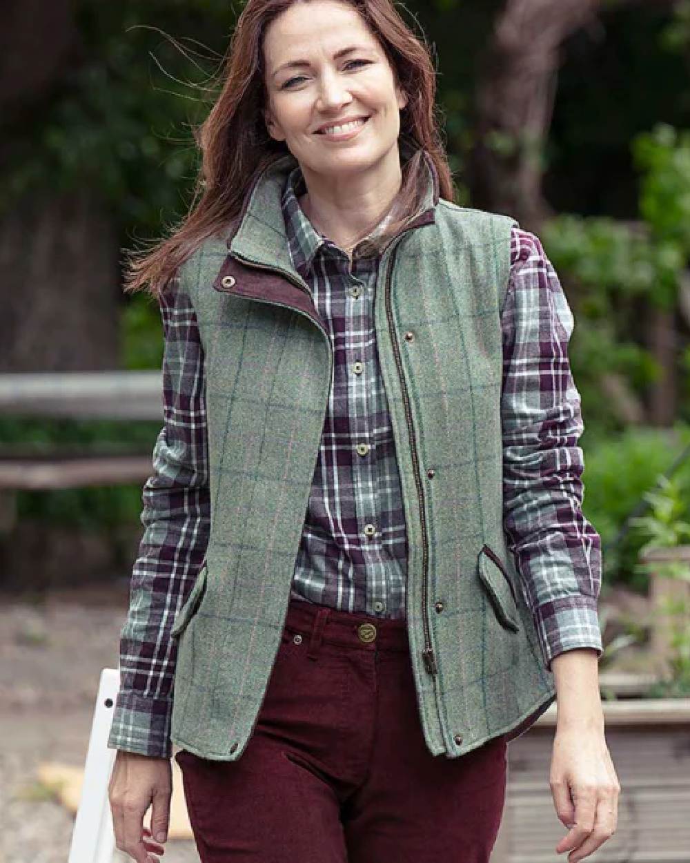 Spring Bracken Coloured Hoggs of Fife Roslin Ladies Technical Tweed Waistcoat on blurry background