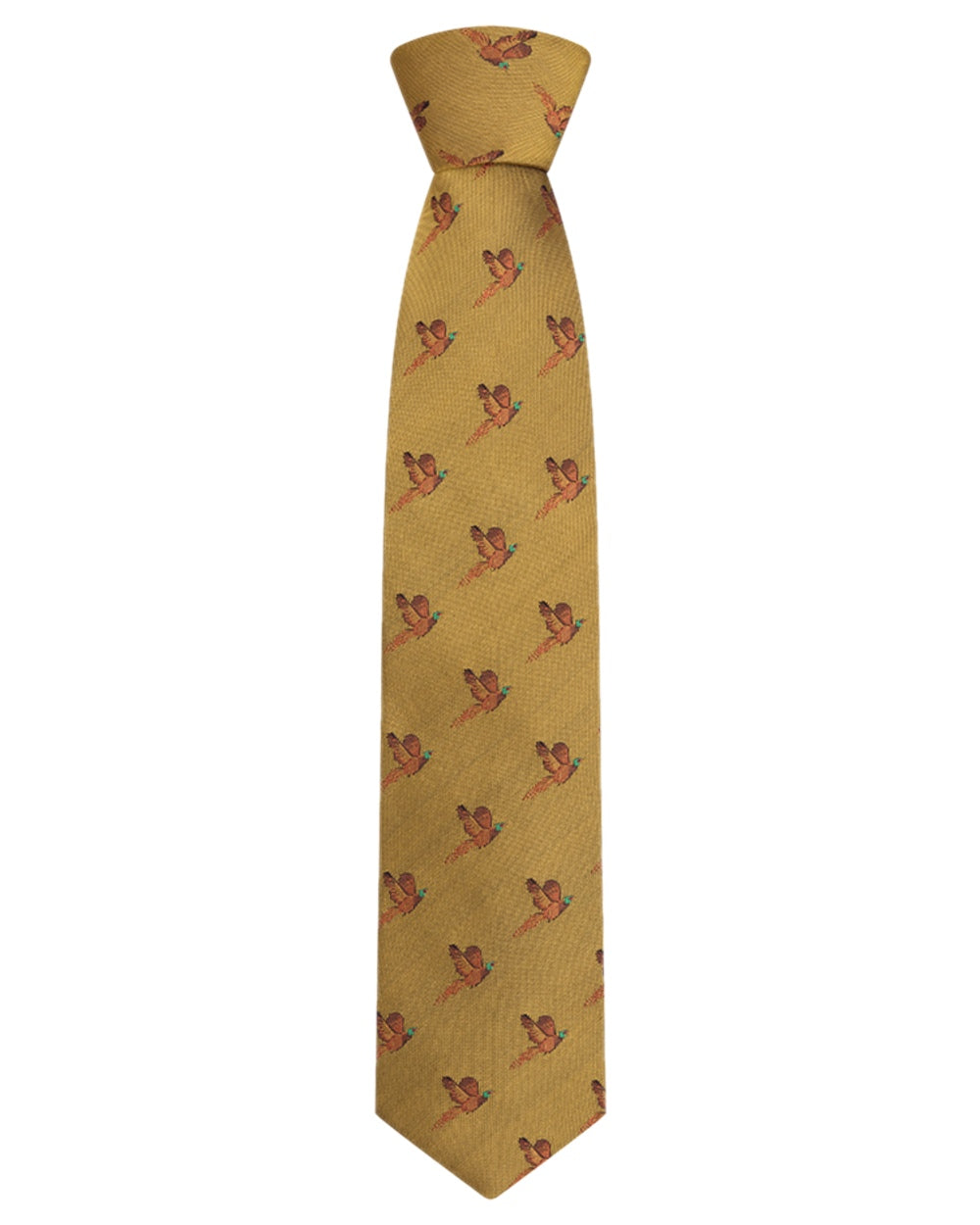 Gold Coloured Hoggs of Fife Silk Woven Tie Pheasants Boxed on white background