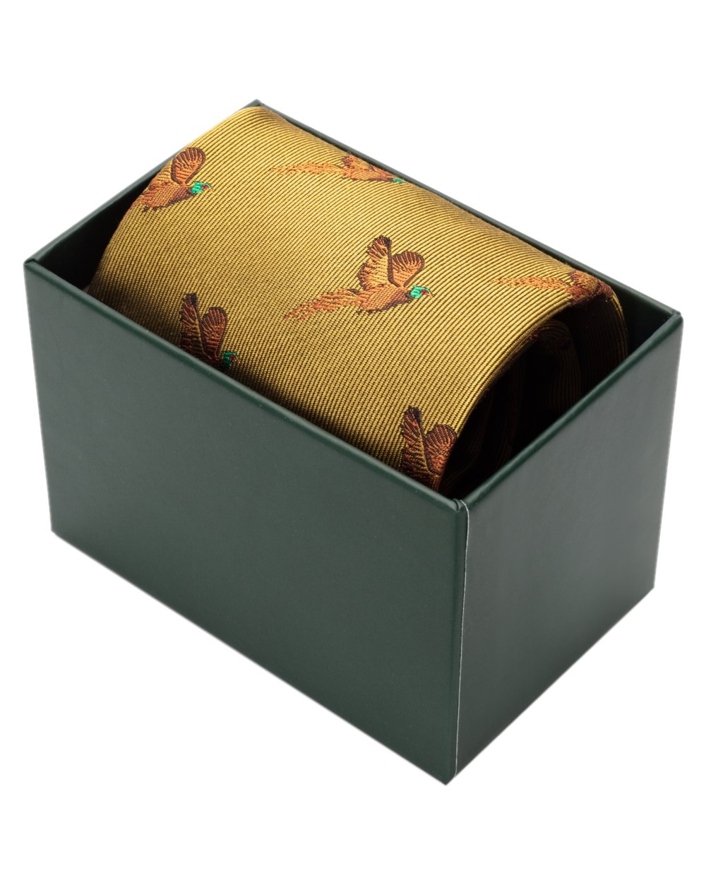 Gold Coloured Hoggs of Fife Silk Woven Tie Pheasants Boxed on white background