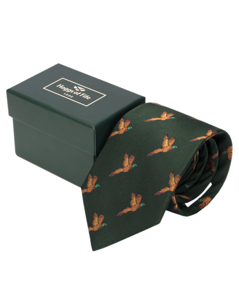 Green Coloured Hoggs of Fife Silk Woven Tie Pheasants Boxed on white background