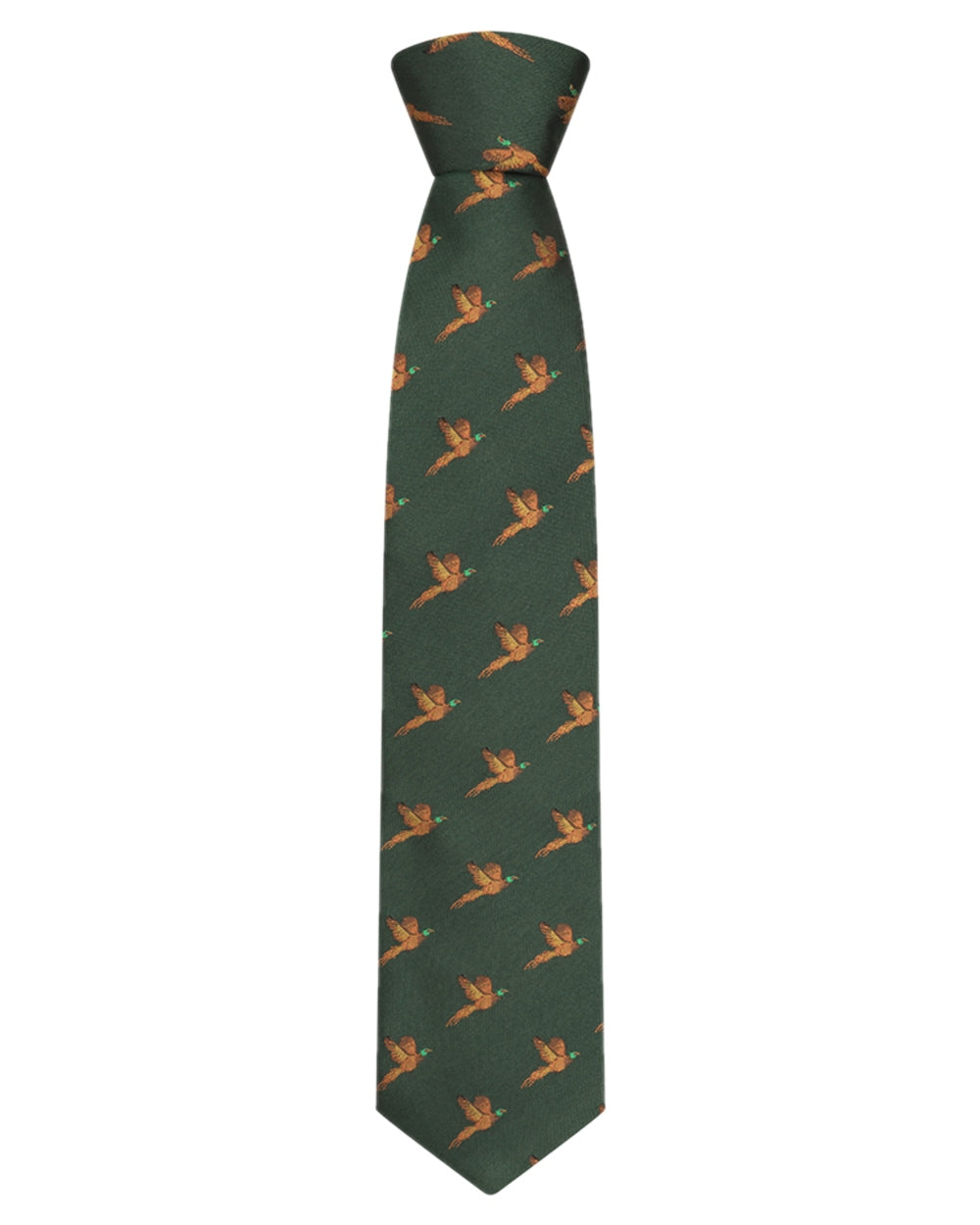 Green Coloured Hoggs of Fife Silk Woven Tie Pheasants Boxed on white background