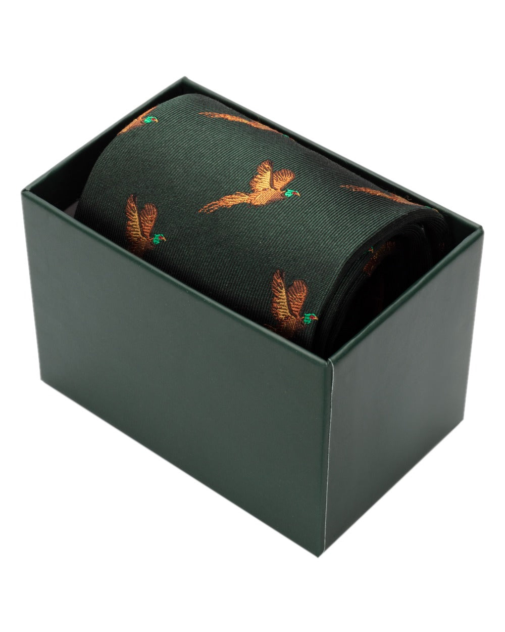 Green Coloured Hoggs of Fife Silk Woven Tie Pheasants Boxed on white background