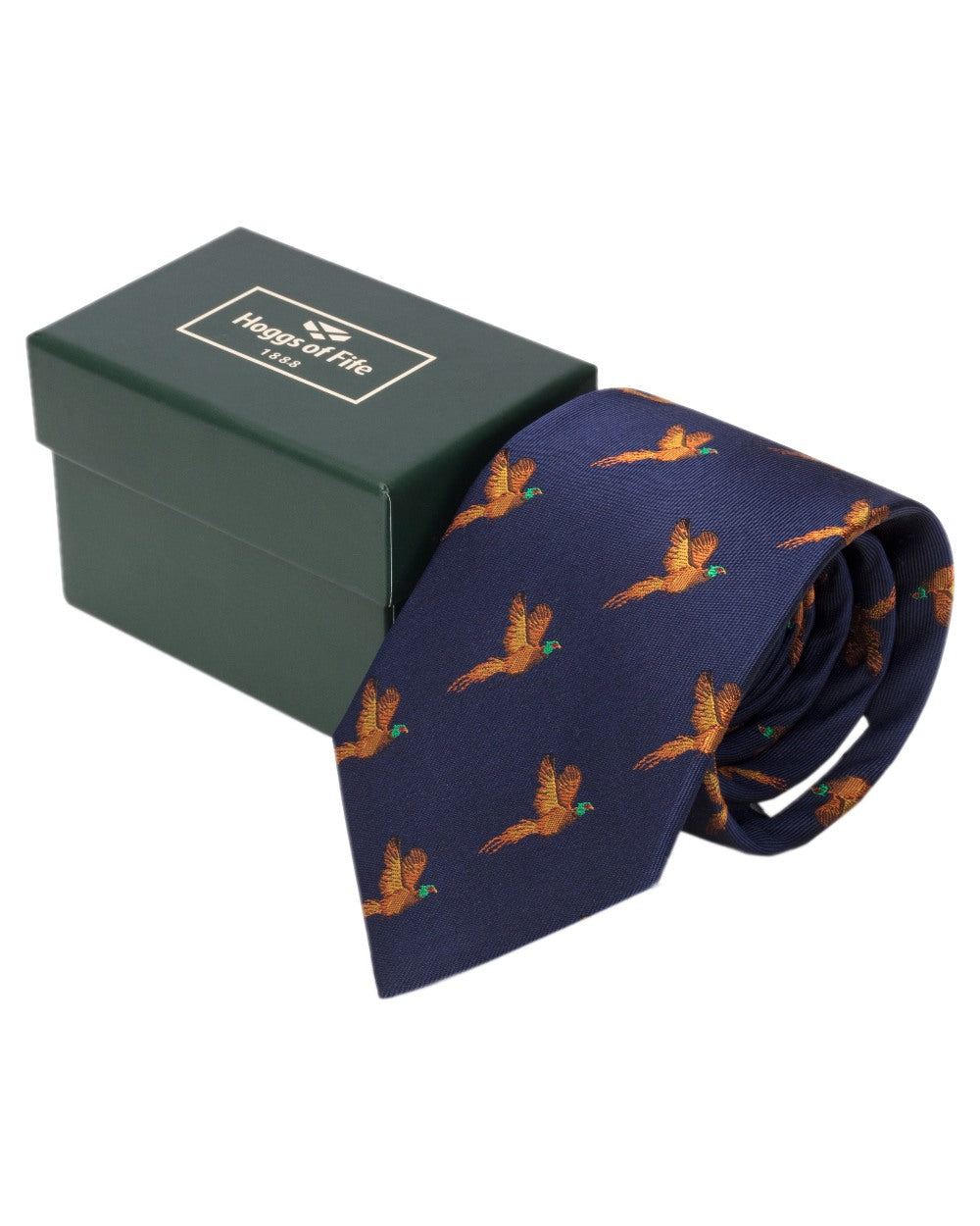 Navy Coloured Hoggs of Fife Silk Woven Tie Pheasants Boxed on white background