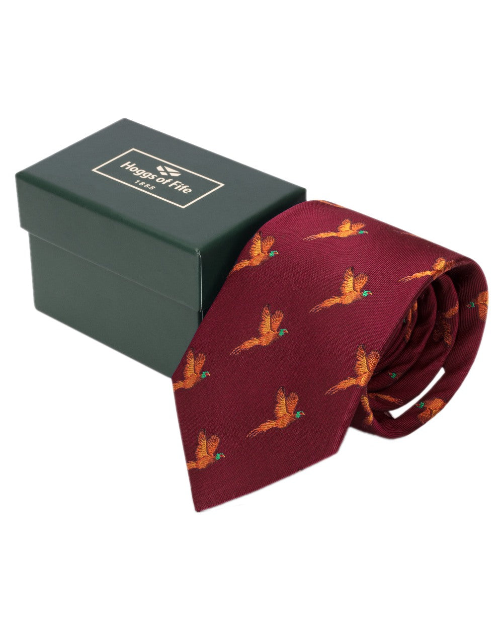 Wine Coloured Hoggs of Fife Silk Woven Tie Pheasants Boxed on white background