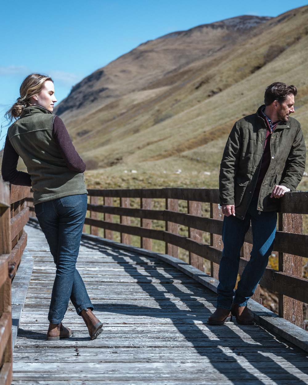 Lovat Coloured Hoggs of Fife Stenton Ladies Fleece Gilet on bridge background