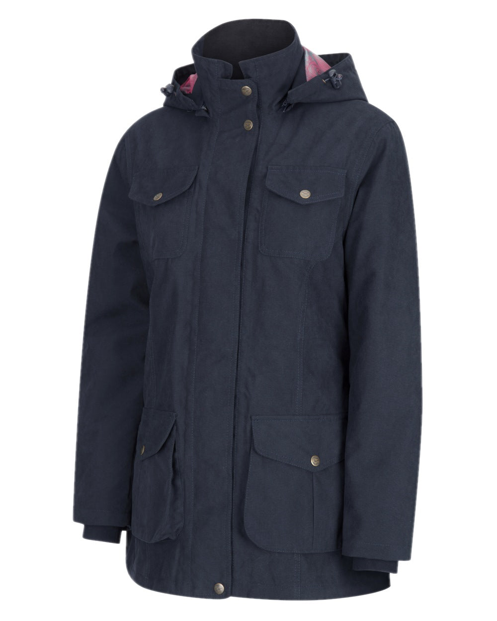 Navy Coloured Hoggs of Fife Struther Ladies Hooded Field Coat on white background