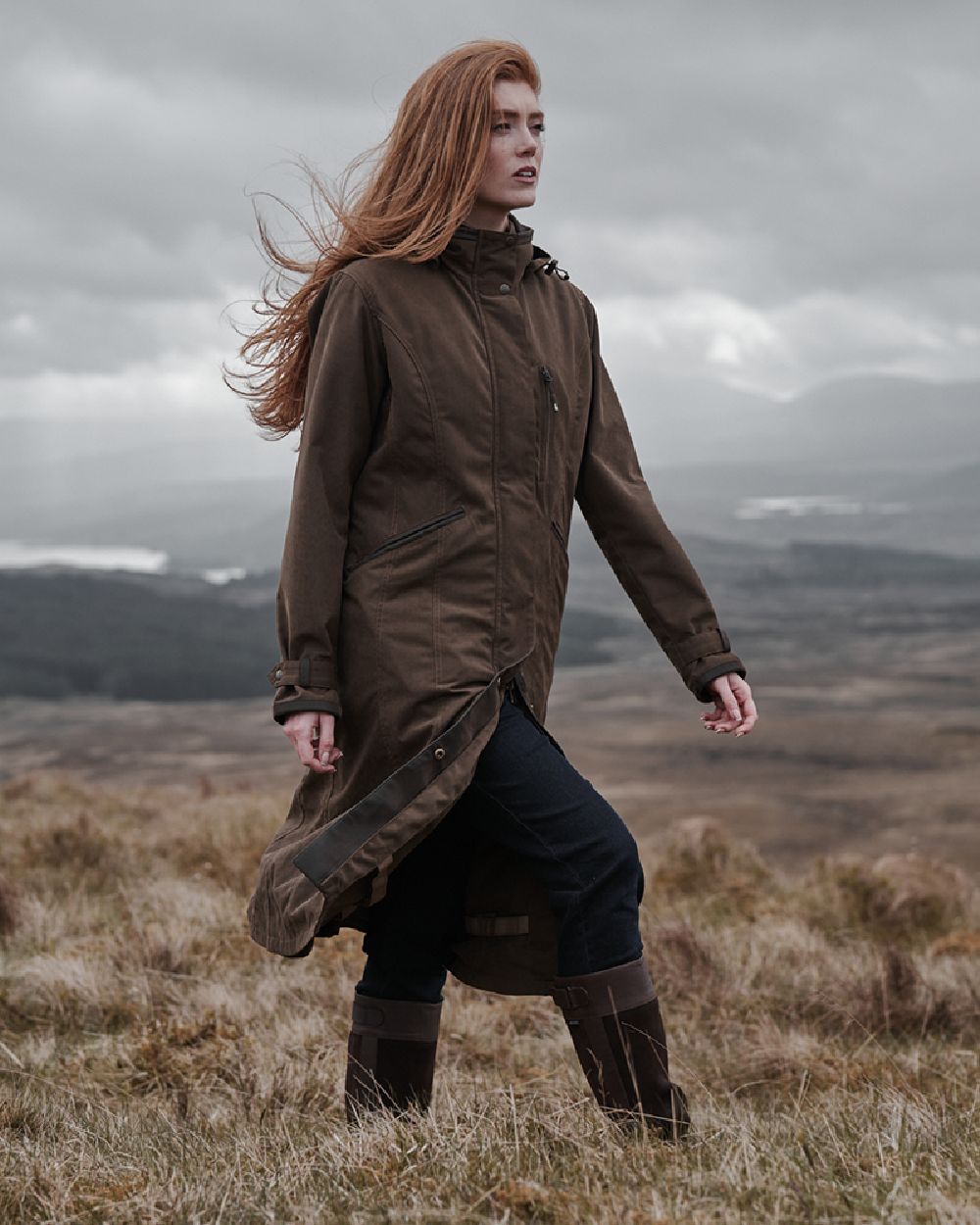 Sage Coloured Hoggs of Fife Struther Ladies Long Riding Coat on countryside background