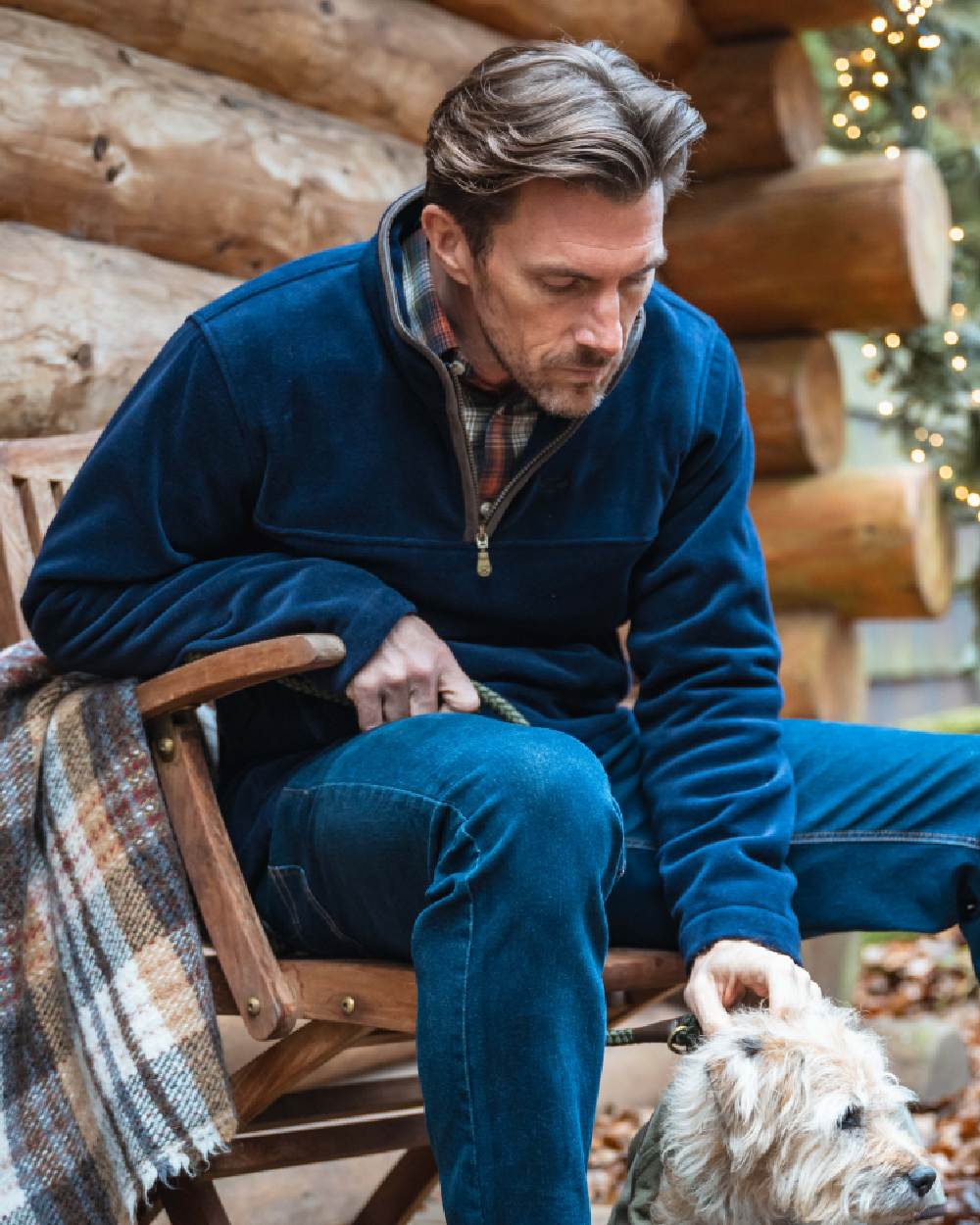 Rust Olive Navy coloured Hoggs of Fife Tiree Herringbone Check Shirt on forest background